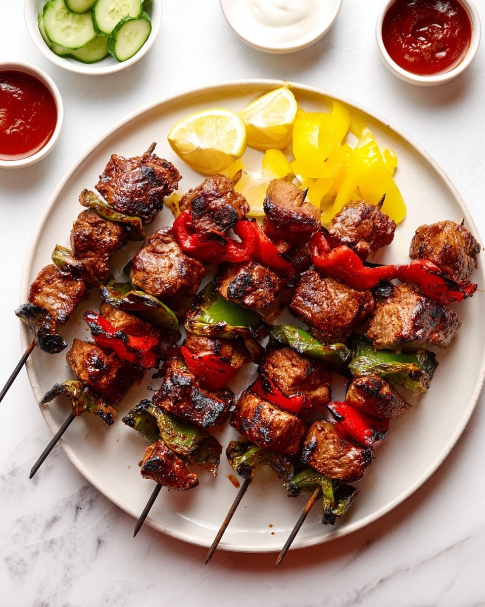 There are five skewers arranged on a round white plate, each skewer has grilled chunks of browned meat and pieces of charred red and green bell peppers. The meat has a slightly crispy outer texture with a rich brown color, while the peppers have a slightly wrinkled and grilled look. Around the plate on a white marbled surface there are small white bowls containing lemon slices, cucumber slices, yellow peppers, a red sauce, and a white creamy sauce. The scene is bright with soft natural light. photo taken with an iphone --ar 4:5 --v 7
