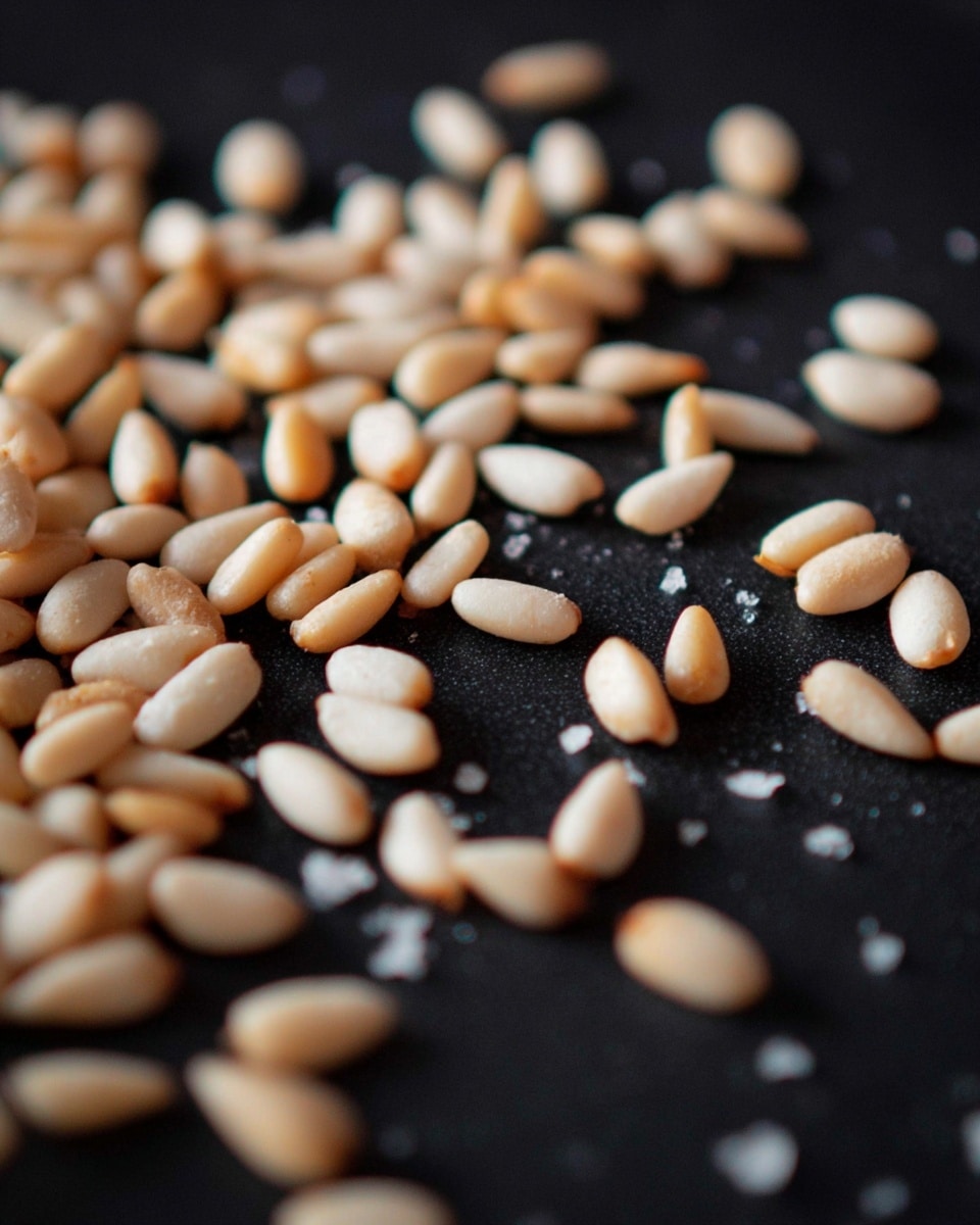 The image shows many small, oval-shaped pine nuts that are light beige in color with some parts toasted to a light brown shade. They are spread unevenly on a smooth black surface in a loose, scattered pattern. The lighting highlights the slight shine on the nuts, and some white salt granules or small particles are visible among them. The focus is sharp on the nuts in the center while the background and edges blur gently. photo taken with an iphone --ar 4:5 --v 7