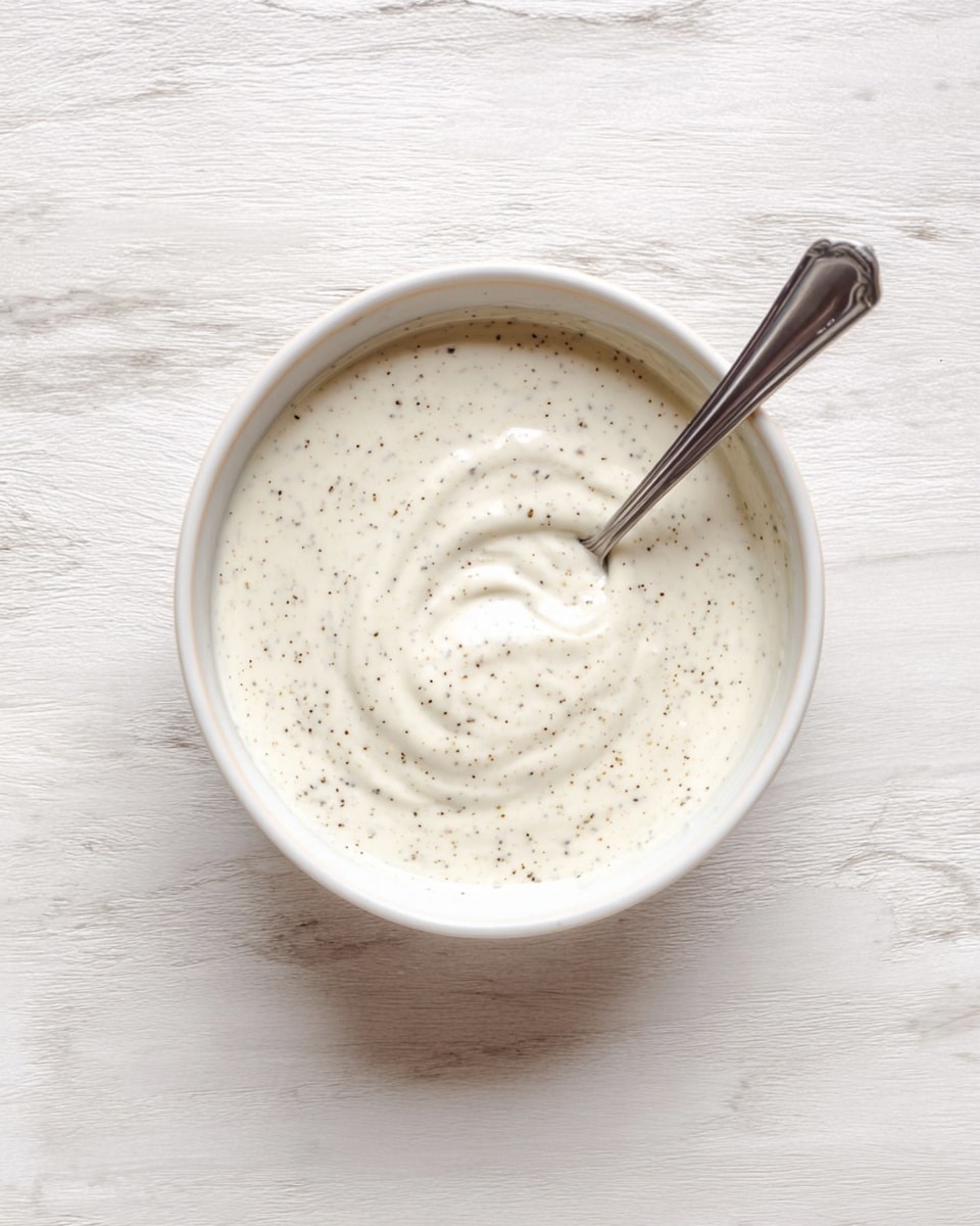 A white bowl filled with creamy white sauce with small black pepper specks mixed evenly inside. A silver spoon rests inside the bowl, partially covered by the sauce, which has a smooth and slightly thick texture with soft swirls on the surface. The bowl is placed on a white marbled textured surface. photo taken with an iphone --ar 4:5 --v 7