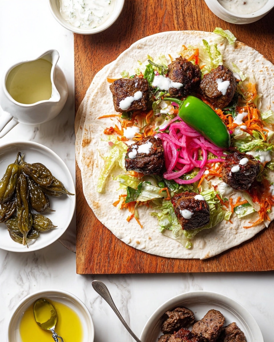 A white flatbread is laid open on a wooden board, topped with a colorful mix of chopped lettuce, shredded orange carrots, thinly sliced pink radish, and some pickled pink onions. On top of the vegetables, there are five browned, irregular-shaped meat pieces, each with white sauce dolloped on them, and a whole green chili pepper placed in the center. Around the flatbread, there are several white bowls placed on a white marbled surface; one bowl contains more of the browned meat pieces, another has dark green chili peppers, a small white jug with a spoon holds olive oil, and another bowl contains a creamy white sauce. Photo taken with an iphone --ar 4:5 --v 7