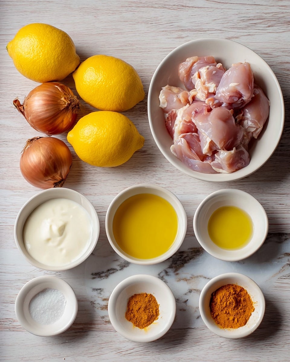The image shows raw food ingredients on a white marbled wooden surface with four whole yellow lemons on the left, next to five brown onions placed in a group. On the right, a white bowl holds raw pink pieces of chicken. Below, a row of small white bowls contains different ingredients: golden olive oil, white creamy yogurt, orange turmeric powder, light brown honey, and white salt. The colors range from yellow and orange to cream and pink, all neatly arranged with clear textures visible. Photo taken with an iphone --ar 4:5 --v 7