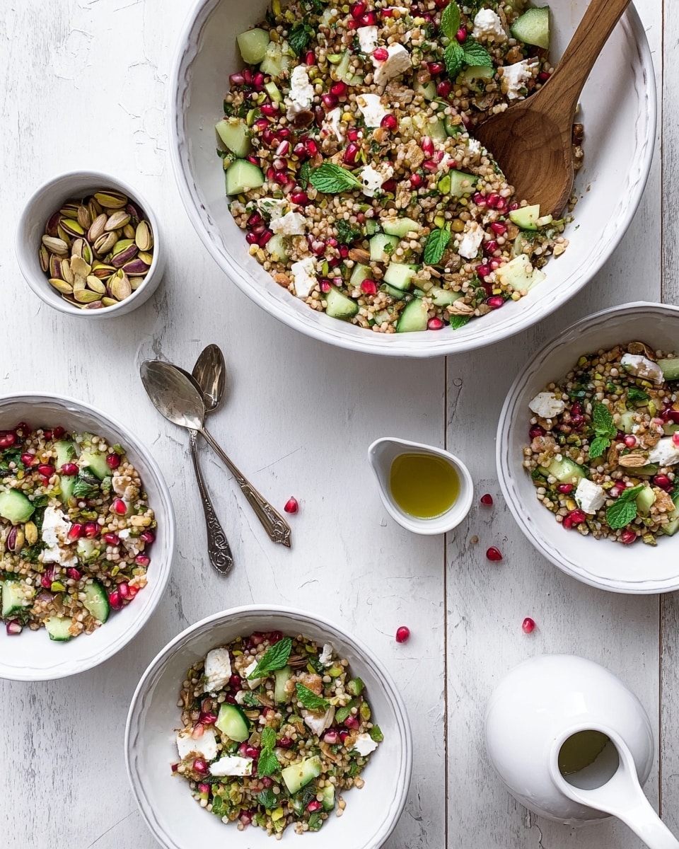 The image shows a white bowl filled with a colorful salad made of four main visible layers: green cucumber cubes, light brown grain pieces, white cheese crumbles, and red pomegranate seeds, mixed throughout the bowl. Scattered green mint leaves add more color and texture. A wooden spoon is placed inside the bowl on the right side, partly mixing the salad. Around the main bowl, there are smaller white bowls filled with the same salad and a few shelled pistachios. Two silver spoons lie on the left side on a white marbled surface, and a white pitcher with oil sits near the bottom, adding to the scene. The photo taken with an iphone --ar 4:5 --v 7