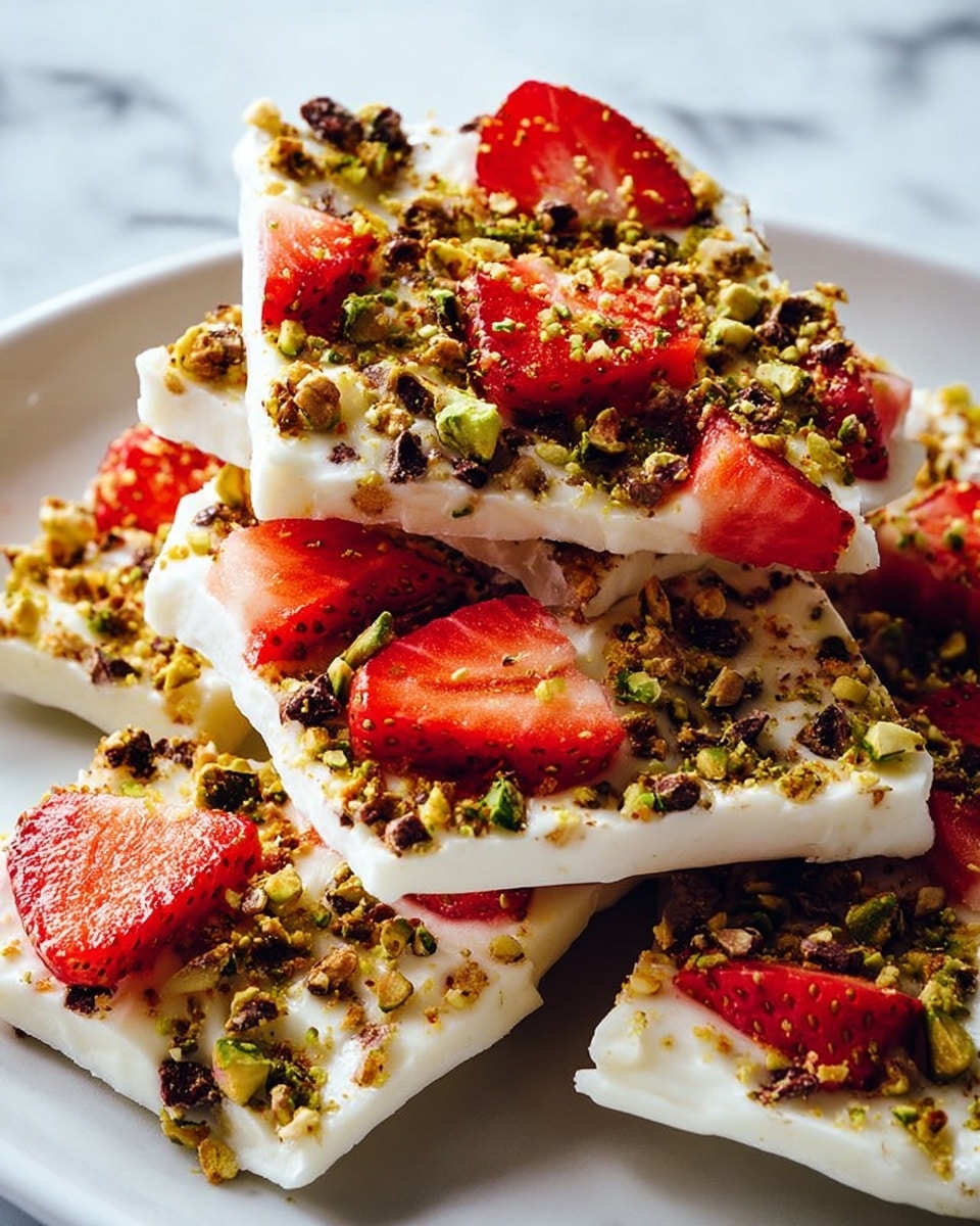 The dish shows several uneven rectangular pieces of a white frozen bark laid on a white plate, all placed on a white marbled surface. Each piece has a smooth white base layer topped with thin red slices of strawberries scattered across the surface. On top of the strawberries, there is a crunchy layer of mixed granola with brown and green bits sprinkled evenly, adding texture with small nut pieces and crumbs. The colors are bright with the contrast of white, red, brown, and green spread all over the bark pieces. Photo taken with an iphone --ar 4:5 --v 7