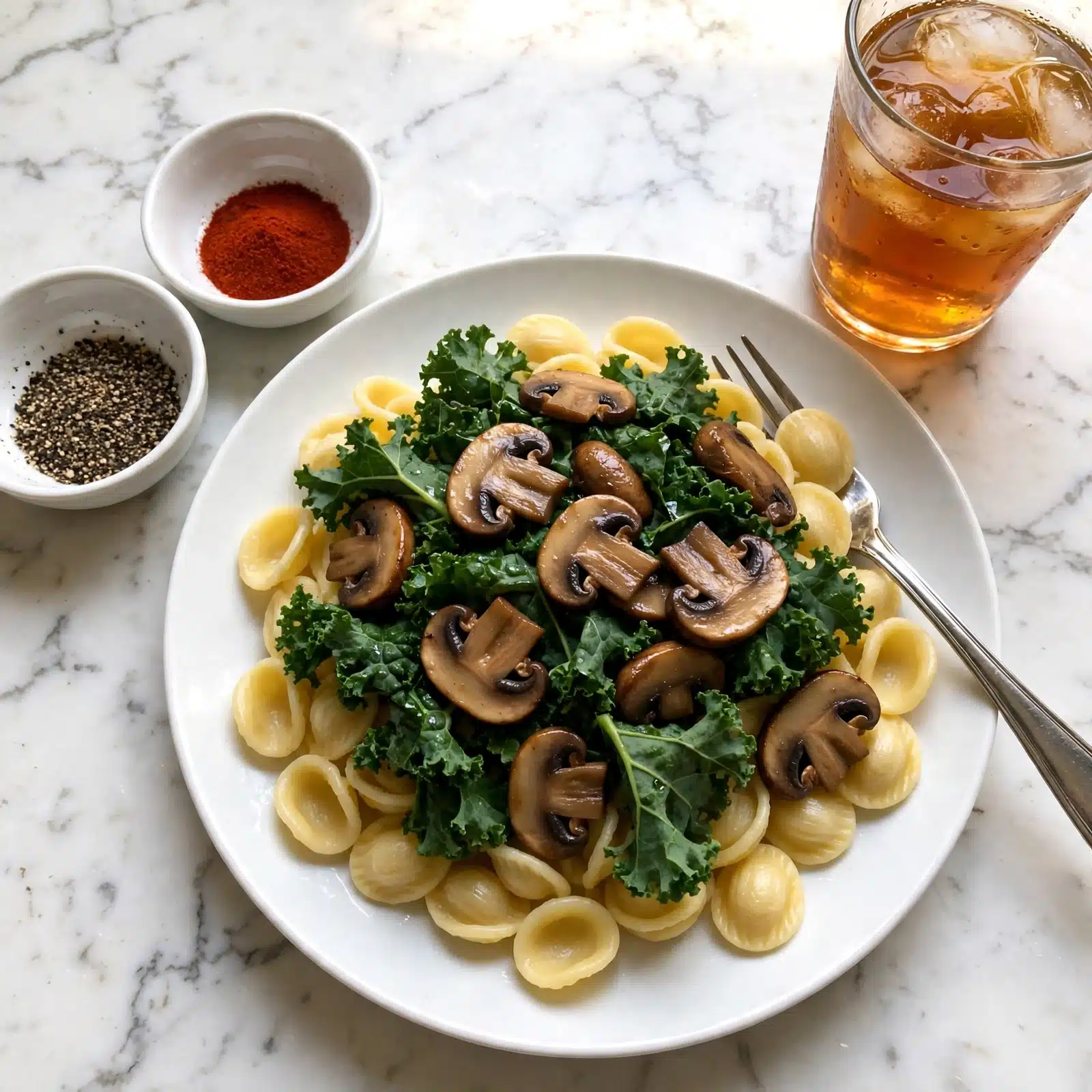 Pasta with Smoky Shiitakes and Winter Greens Recipe 5 A top-down view of several bowls placed on a white marbled surface, featuring cooking ingredients. In the center is a large clear glass bowl filled with fresh green kale leaves. To the left, there is a white bowl full of sliced brown mushrooms. To the right, a white bowl holds small round pasta pieces that are pale yellow. Above the kale bowl, three small clear glass bowls contain black pepper, golden yellow oil, and red spice powder, lined up horizontally. Below the bowls, a small jug with dark liquid and a small white bowl with chopped shallots complete the arrangement. The colors range from bright green, earthy brown, pale yellow, to the vibrant reds and blacks of the spices and liquids, all set against a clean, white marbled background photo taken with an iphone --ar 4:5 --v 7
