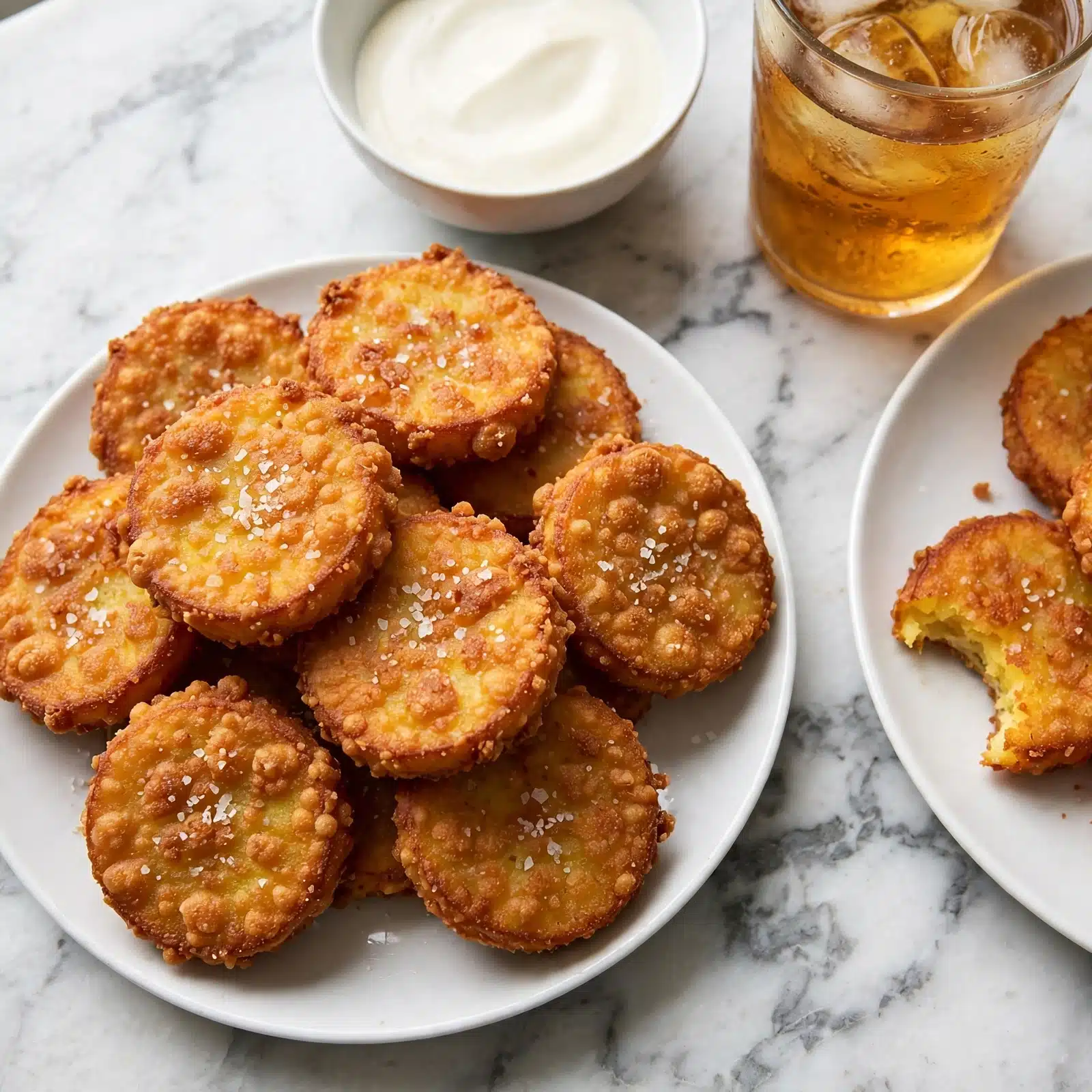 The image shows a white round plate full of round, golden-brown fried slices that look crispy on the outside. The slices have a bumpy texture with some coarse salt sprinkled on top. Behind the plate is a white round bowl with a smooth white sauce inside. The plate is placed on a white marbled surface with a glass of amber liquid nearby. To the right, there is a partial view of another white plate with a few more fried slices, one of which has a bite taken out, showing a soft yellow inside. photo taken with an iphone --ar 4:5 --v 7