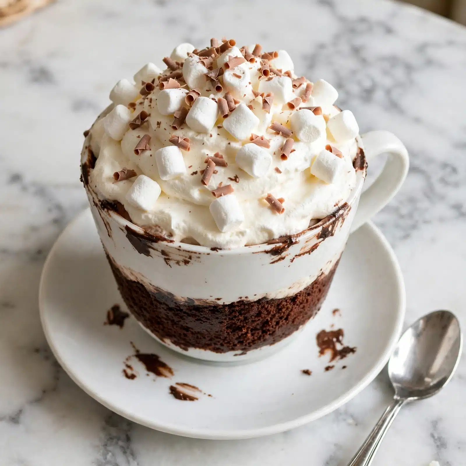 Hot Chocolate Mug Cake Recipe 5 A white ceramic cup filled with a thick dark chocolate drink, with dark chocolate sauce dripping down the sides of the cup onto the white saucer below. On top, there is a layer of white whipped cream piled high, covered with a handful of small white marshmallows and a light dusting of cocoa powder. A silver spoon rests on the white marbled surface to the left of the cup. Photo taken with an iphone --ar 4:5 --v 7