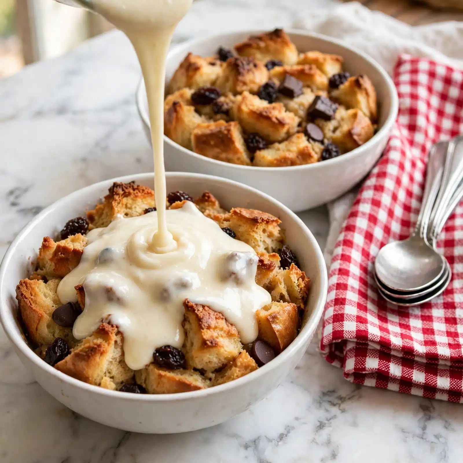 Instant Pot Bread Pudding With Bourbon Sauce Recipe 5 A round, thick bread pudding sits on a white plate, showing layers of cubed bread pieces mixed with dark raisins throughout. The bread cubes are golden brown on the outside with softer, lighter interiors, creating a rough, textured surface on top and sides. A woman's hand is pouring warm caramel-colored sauce over the pudding, which flows down the sides, adding a shiny wet layer that contrasts with the drier bread cubes. The setting includes a stack of six white plates in the background and a set of black-handled forks on a red and gray checkered cloth on the side, all placed on a white marbled surface. photo taken with an iphone --ar 4:5 --v 7