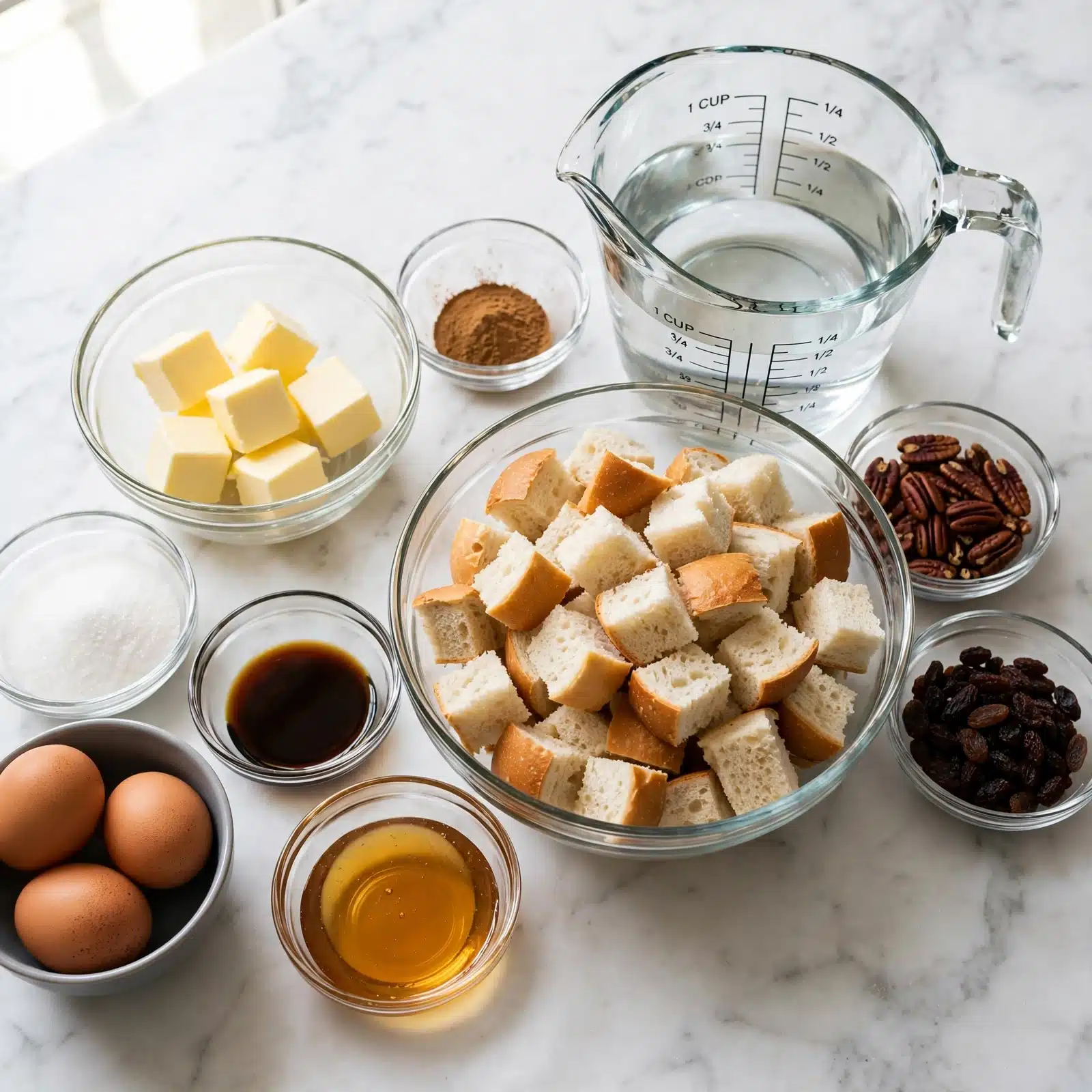 Instant Pot Bread Pudding With Bourbon Sauce Recipe 4 The image shows nine clear and white bowls on a white marbled surface, each holding different ingredients. The largest bowl in the center front is filled with chopped bread pieces in white and light brown shades. Behind it to the right is a clear measuring cup with a transparent liquid. To the left, a medium clear bowl contains light yellow butter cubes. In front of the butter bowl, there is a small clear bowl holding white granulated sugar. In the center front, a small clear bowl has golden syrup. Next to it on the left, another small clear bowl holds a dark brown liquid, likely vanilla extract. A similar small bowl behind has a brownish powder, possibly cinnamon. To the left front, a gray bowl holds three brown eggs. Lastly, a small clear bowl contains dark brown pecans, and another clear bowl in front of it contains dark dried fruits, likely raisins. The whole setup appears clean and organized, with a woman’s hand not visible but implied in the arrangement photo taken with an iphone --ar 4:5 --v 7