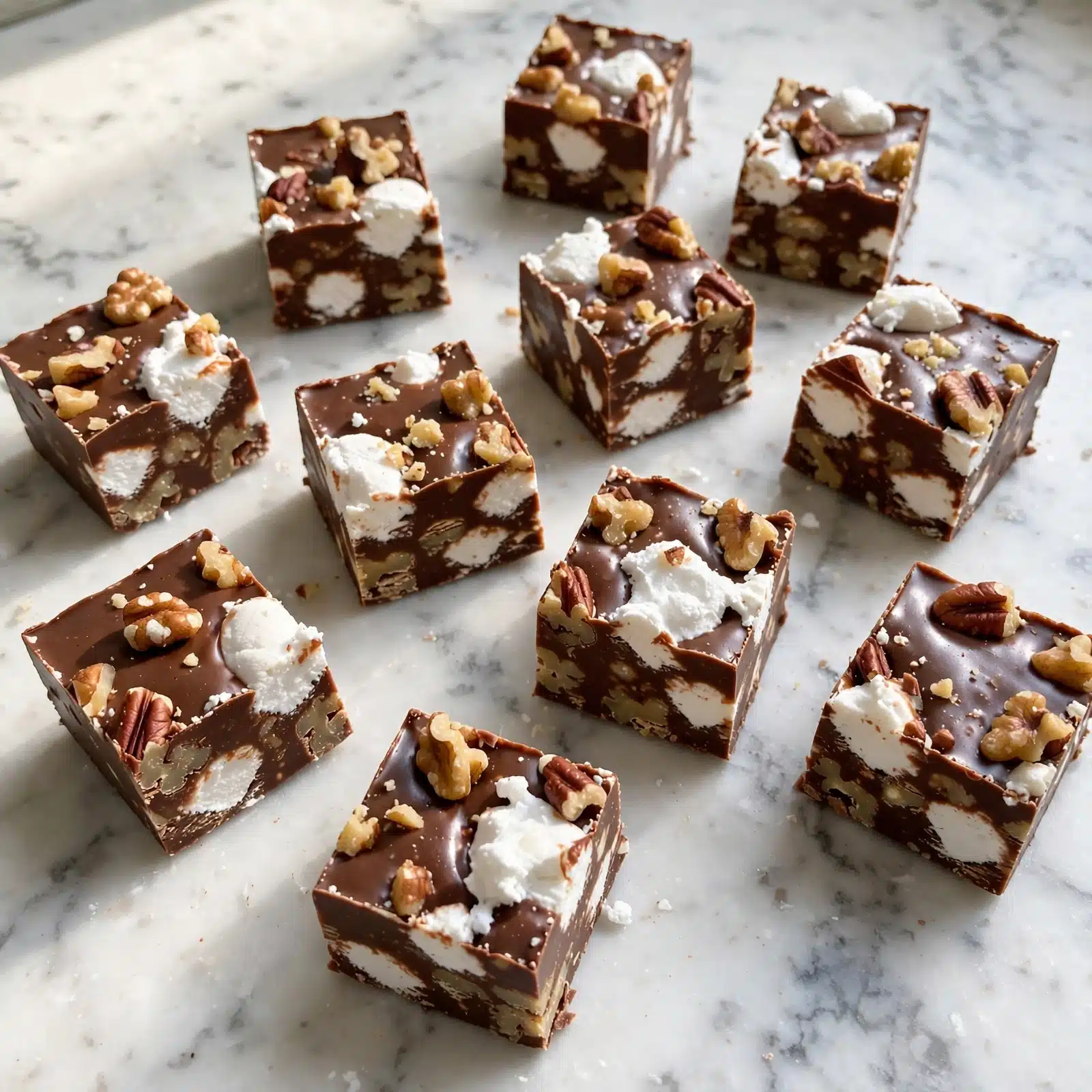 Small square pieces of chocolate fudge are spread on a light pink surface. Each piece has a deep brown chocolate base with white marshmallows and chopped brown nuts mixed inside and on top. The texture shows a mix of smooth chocolate with chunky bits of nuts and soft marshmallows. The pieces are neatly cut, showing clear edges and a slightly glossy finish on the chocolate. The background is changed to a white marbled texture. photo taken with an iphone --ar 4:5 --v 7