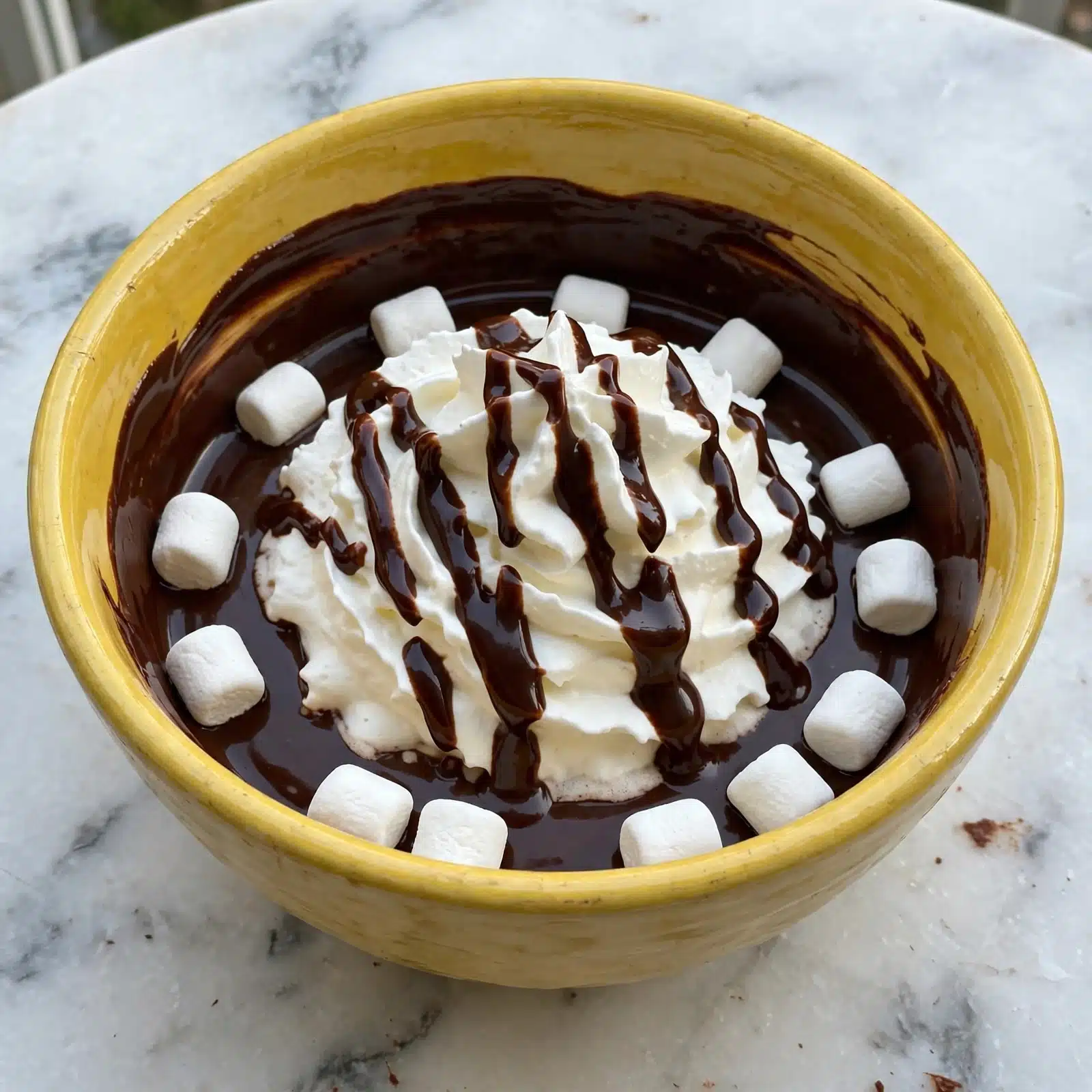 Hot Chocolate Mug Cake Recipe 4 A yellow bowl filled with a rich dark chocolate sauce lining the inside, topped with small white marshmallows scattered evenly around the edge, with a large swirl of white whipped cream in the center drizzled with thick chocolate syrup. The bowl sits on a white marbled surface, and the chocolate sauce inside has a smooth texture that contrasts with the fluffy whipped cream and soft marshmallows. photo taken with an iphone --ar 4:5 --v 7